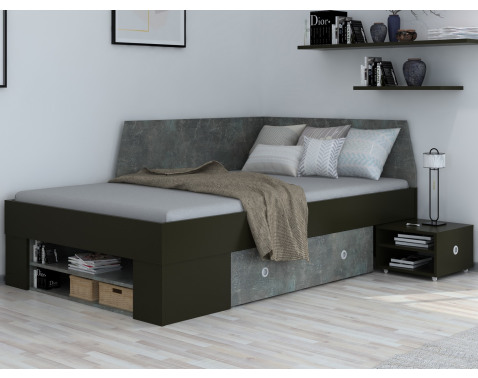 Úložná posteľ so zástenou Junior 120x200 cm, čierna/tmavý betón%